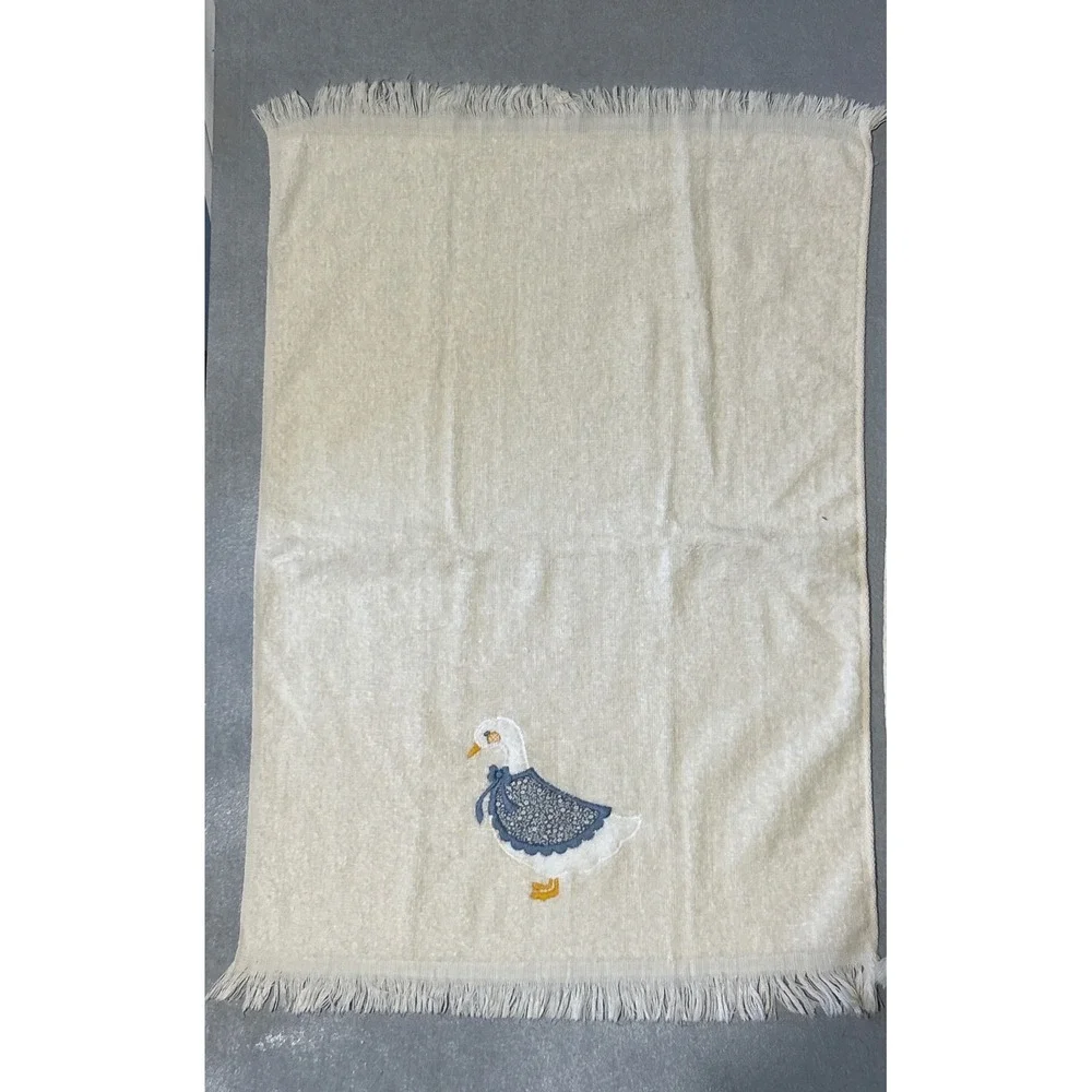 Vintage Cannon Geese Hand Towels Set of 2 Cream Blue Fringed Made in USA 1980s